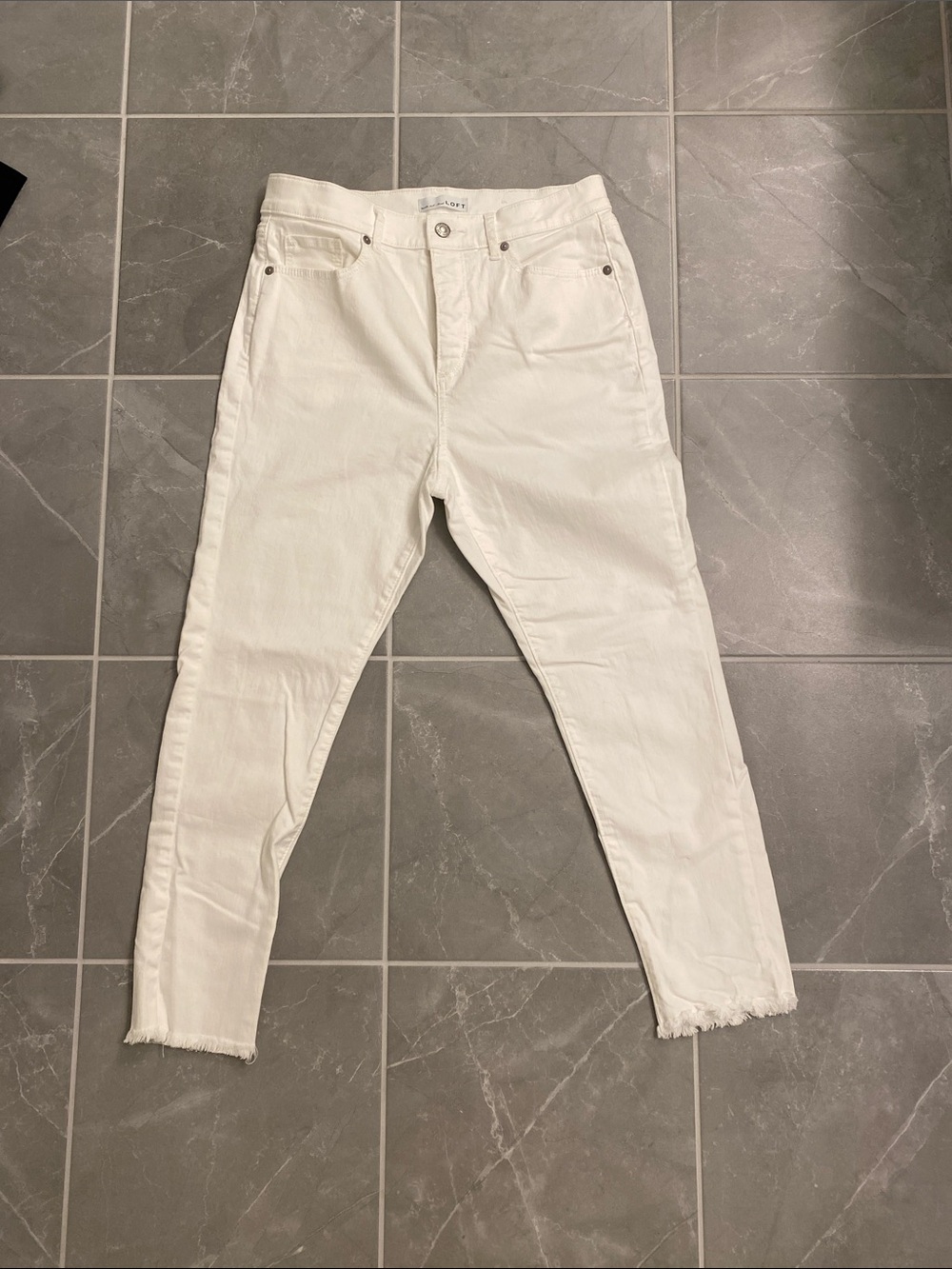 LOFT White Skinny Jeans with Frayed Ankles